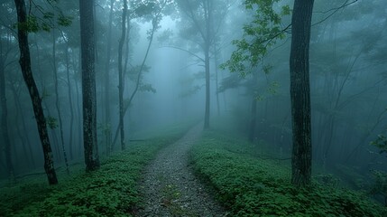 Fototapeta premium Foggy forest path with the tops of trees peeking through the mist, creating a mysterious and enchanting atmosphere perfect for a serene background. Illustration image,