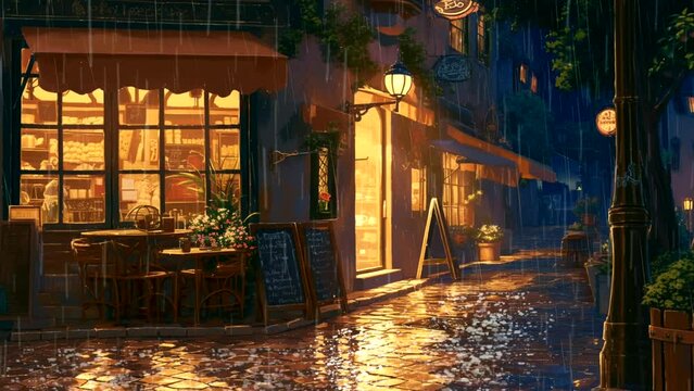 Cozy Outdoor Cafe at Night During Rain, Relaxing Atmosphere with Raindrops, Lofi Background Music. Looping Time-Lapse Video Animation