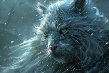 Naklejka premium Green-Eyed Elven Snow Sentinel: Cyberpunk Officer with Intricate Details