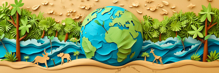 Close-up images of nature and animals made of paper with background and earth-like spheres..