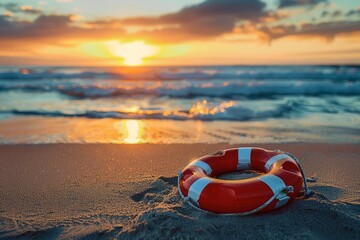 Naklejka premium Life preserver on the beach with sand and sea in background, sunset, blue sky, high resolution photography, high quality photo realistic image