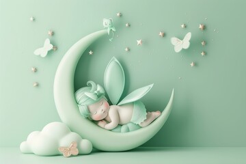 A baby fairy is sleeping on a green moon