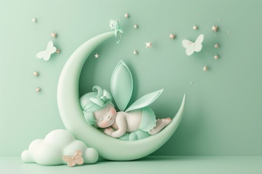 A baby fairy is sleeping on a green moon
