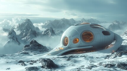 Futuristic Spaceship in Snowy Mountains