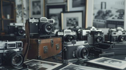A collection of vintage cameras and photo albums on a table