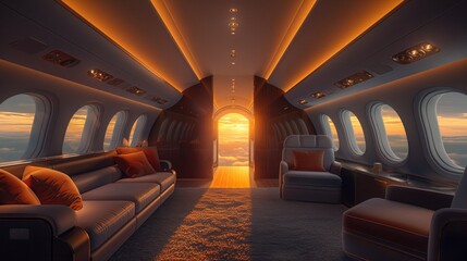 Luxurious Airplane Cabin at Sunset