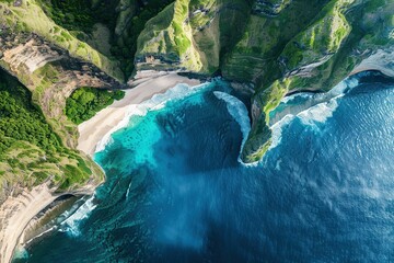 Fototapeta premium Aerial view of a coastal area with cliffs and a beach