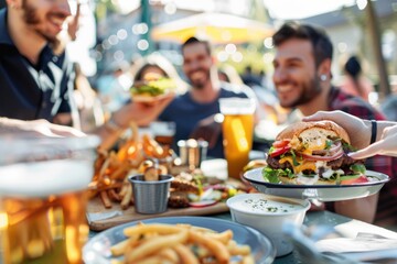 A diverse group of friends dine at an outdoor cafe, enjoying burgers and drinking beer together.