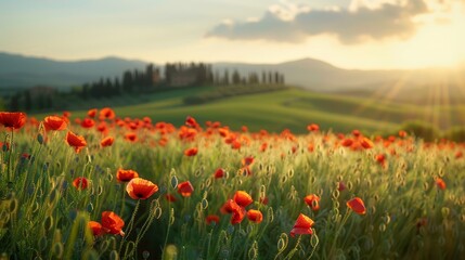 Picturesque scene of poppy fields in Tuscany, Italy, with rolling hills and distant silhouettes of farmhouses, capturing the beauty of nature's palette.