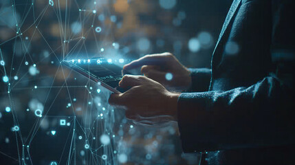 Businessman Holding Tablet Interacting with Virtual Blockchain Network, Depicting Data Connectivity and Digital Transformation