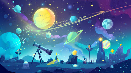 Cheerful Cartoon Astronomers Celebrate Astronomy Day Under Starry Night Sky