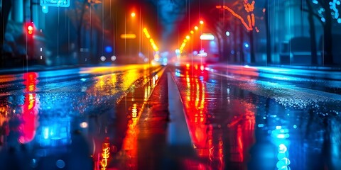 Neon signs casting colorful spectrum on wet road, transforming urban landscape. Concept Urban Exploration, Neon Lights, Street Photography, Colorful Reflections, Night Scenes