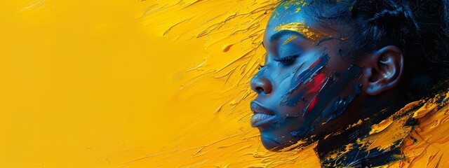 An abstract portrait, featuring yellow bold brushstrokes and unexpected shapes.