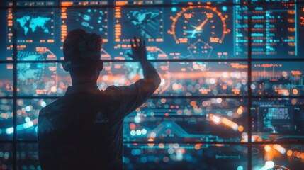 An air traffic controller swiping through screens on the holographic display managing multiple flights at once.