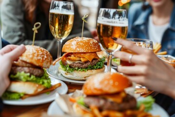 A diverse group of friends dine at an outdoor cafe, enjoying burgers and drinking beer together.