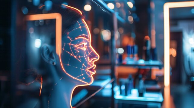 A makeup tutorial screen with a glowing outline of a persons face indicating where to place products to enhance their unique features thanks to augmented reality technology.