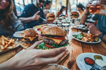 A diverse group of friends dine at an outdoor cafe, enjoying burgers and drinking beer together.
