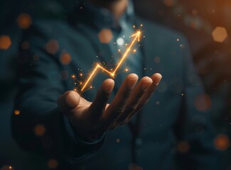 Businessman holding a growth graph arrow pointing up with a dark background, in the style of a business concept of positive growth