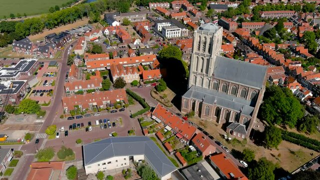 Aerial view of St. Catharijnekerk, St Catherine Church in the fortified city of Brielle, Netherlands.