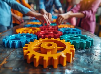 Close up of multiethnic business people connecting colorful gears with their hands on a table in an office, with the focus point on a black man's hand holding a gear wheel at the center