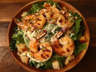 A bowl of shrimp and greens sits on a wooden table. The dish is a salad with shrimp and croutons