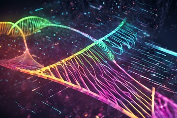 Futuristic DNA sequencing, neon-colored DNA strands, digital data streams, computer interface, genetic code analysis, advanced biotechnology, molecular research
