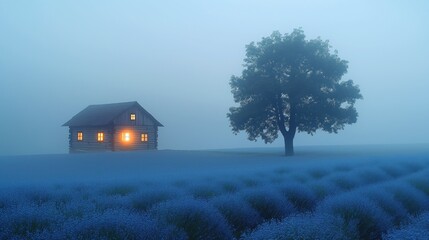 Serene Foggy Countryside with Cozy Cabin and Lone Tree at Twilight - Powered by Adobe