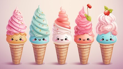 Cute and Decorative Ice Cream Cones with Happy Expressions