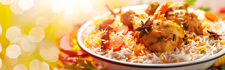 Biryani is a mixed rice dish flavorful aromatic delight savory Lucknowi traditional Culinary Art with blurred background
 