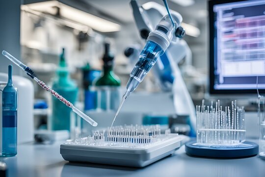 CRISPR technology in lab, genetic editing, pipette with DNA strands, advanced lab equipment, genetic research, biotechnology, close-up view