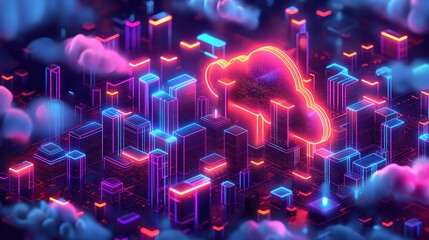 Futuristic Neon City with Cloud Computing