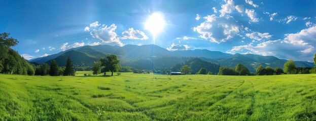 A panoramic view of a lush green field set against a majestic mountain range with a clear blue sky and vibrant sun - Powered by Adobe