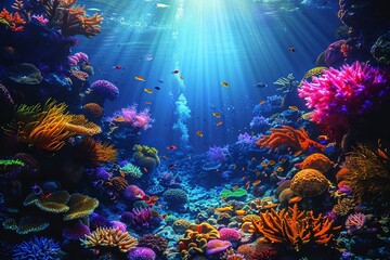 Neon Glow: Subaquatic Splendor - Detailed Digital Painting with Sharp Focus