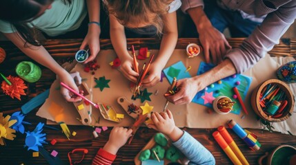 A family enjoys quality time together, engaging in arts and crafts at a colorful and messy home workstation, fostering creativity. AIG41
