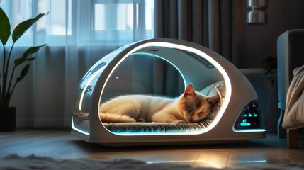 A futuristic pet bed has builtin biometric sensors to track a pets sleep patterns and adjust the temperature and environment for optimal rest.