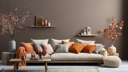 3D rendering of a cozy living room interior with a large sofa, pillows, and decorative accessories in warm colors.