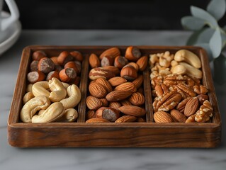 A wooden tray with nuts and cashews on it. The nuts are in three different sections. The tray is on a marble counter