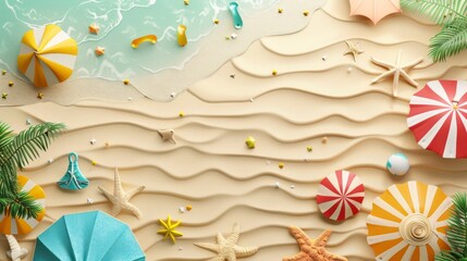Summer holiday background. top view 3d beach clay style, copy space for your text.
