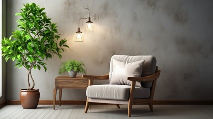 A mid-century modern armchair in a room with a potted tree and a small table.
