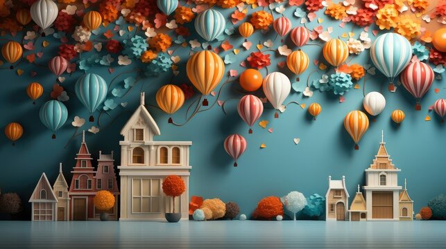 A whimsical and colorful beautiful illustration of a cityscape with hot air balloons, houses, and flowers.