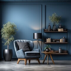 Blue armchair and coffee table in front of dark blue wall