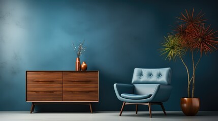Blue retro armchair and wooden cabinet with decorations in blue room.