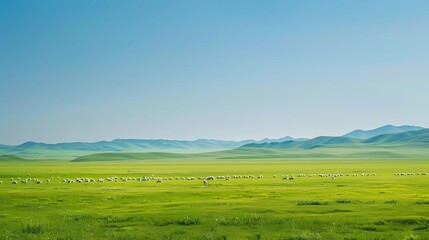 Fototapeta premium A picture of a cloudless grassland in Inner Mongolia, the grassland is green and the sun is very good, Generative AI illustrations.