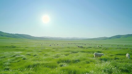 Fototapeta premium A picture of a cloudless grassland in Inner Mongolia, the grassland is green and the sun is very good, Generative AI illustrations.