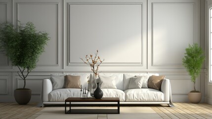 Bright and airy living room with white walls, plants, and a comfortable couch.