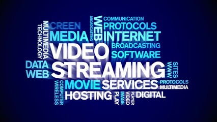 Video Streaming animated word cloud;text design animation tag kinetic typography seamless loop.