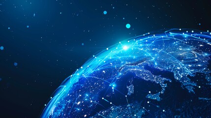 Obraz premium Abstract digital blue earth with global network and connectivity concept made of glowing lines, blue tones, dark blue gradient background, Generative AI illustrations. 