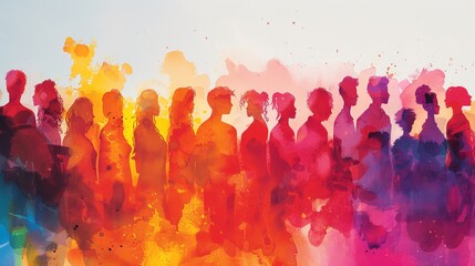 Cartoon watercolor illustration of an LGBTQ community gathering, with diverse characters depicted in a minimalist and colorful style Generative AI