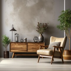 Retro home interior design with brown leather armchair, wooden cabinet and decoration. 3d render
