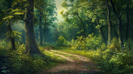 A painting of a forest with a dirt road leading through it